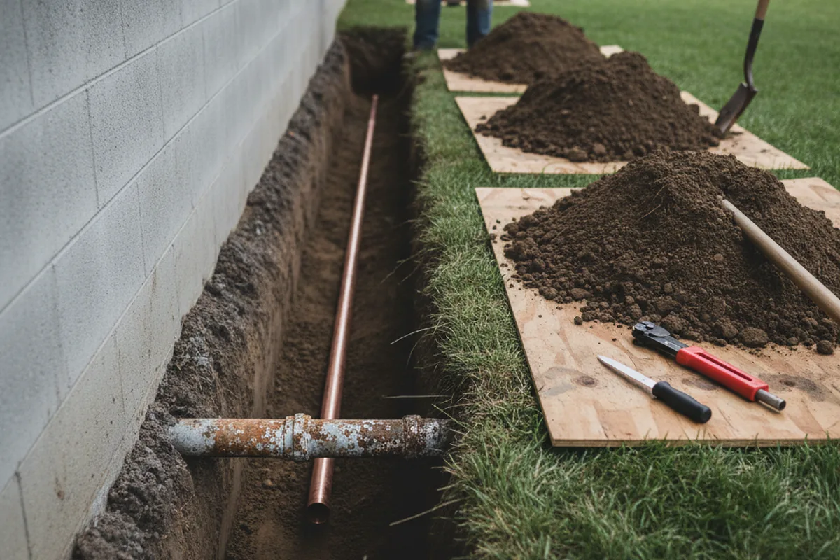 Excavated water line trench during Sewer Line Repair in Grand Island